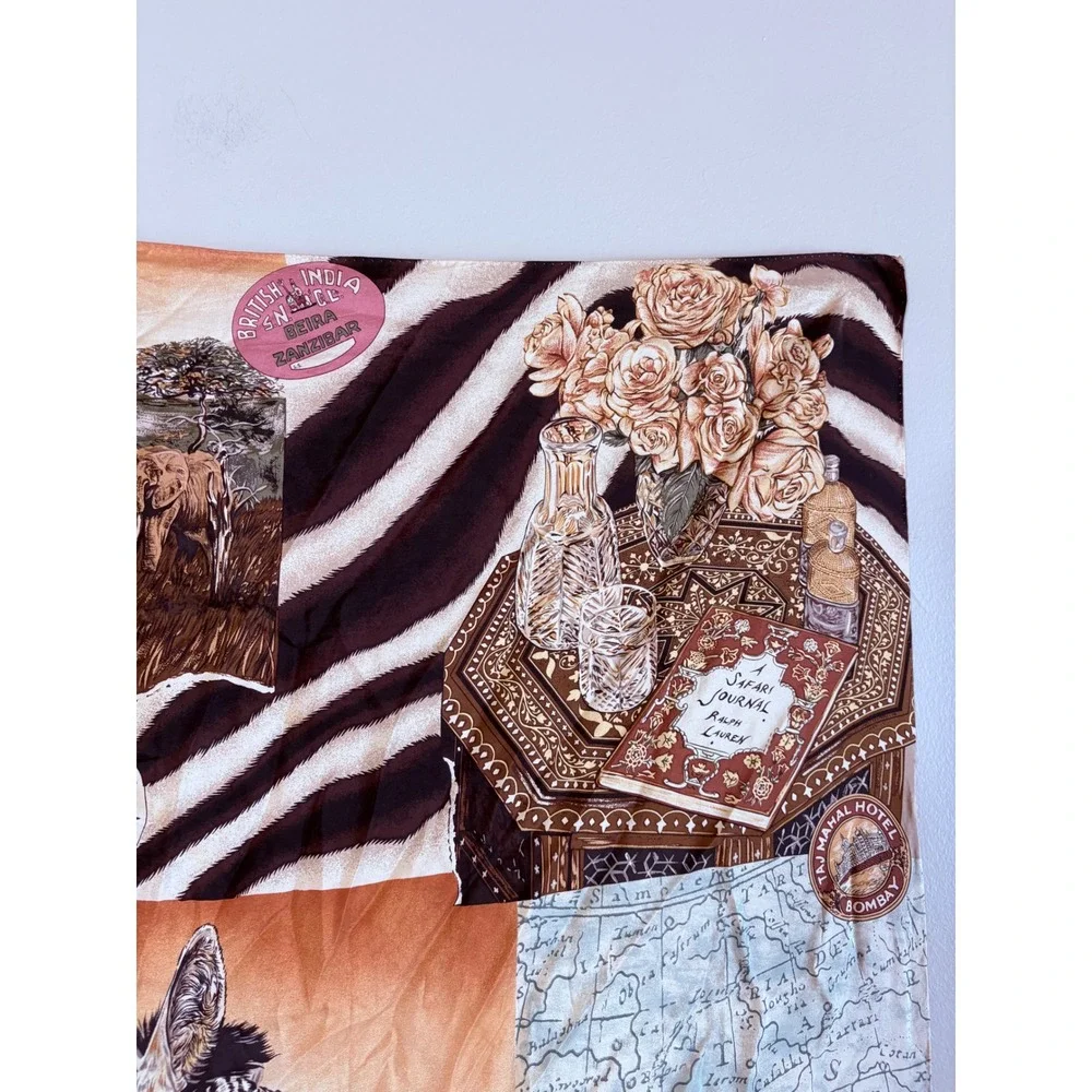 Ralph Lauren Silk Scarf Safari Zebra Lion Elephant Vintage Travel Collage Italy